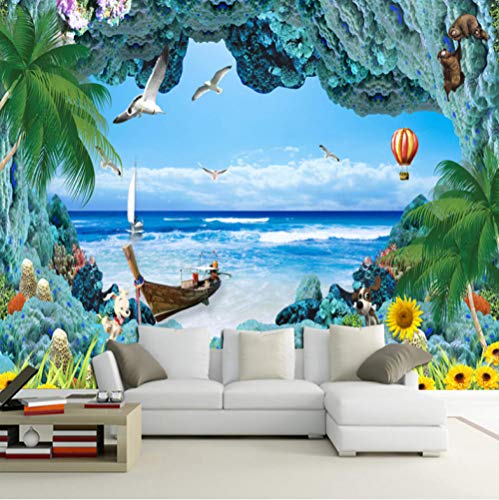 Fotomurales Cueva del mar, papel pintado decorativo inconsútil no tejido de la palma de coco para el restaurante de la sala de estar 400cm(W) x280cm(H)-8 Stripes
