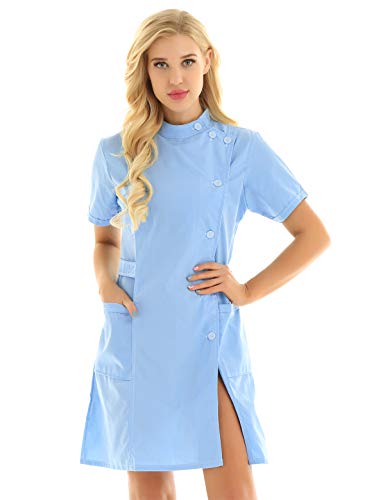 Freebily Bata de Trabajo para Peluquería Estética de SPA Uniforme Sanitario Empleados Profesional Elegante Casaca Ligero con Bolsillo Disfraces Adultos de Médico Enfermera Sky Blue X-Large