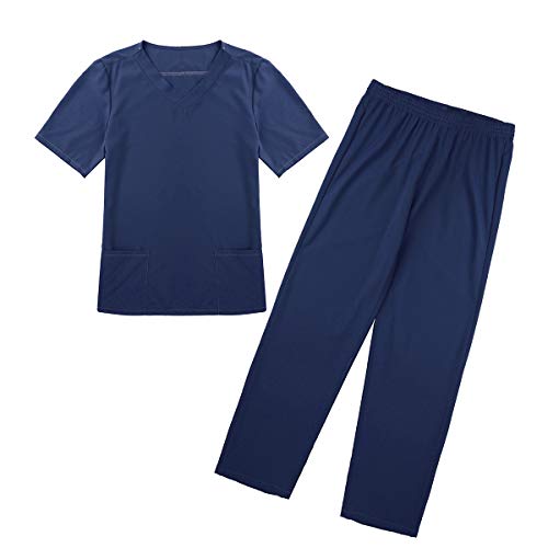 Freebily Uniforme Sanitario Conjunto Elástico Traje Uniforme de Trabajo Casaca Pantalon Unisex Disfraz Médico Laboratorio Enfermera Cirugía Hombres Mujeres Navy_Blue Medium