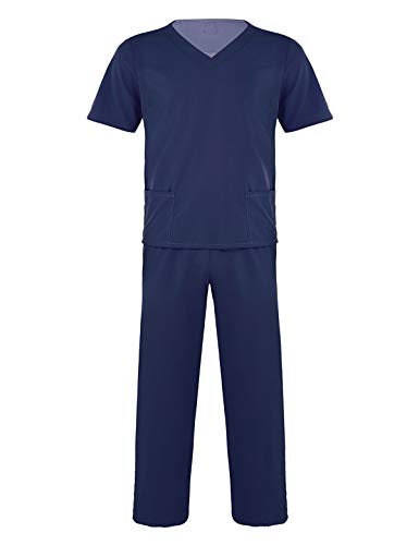 Freebily Uniforme Sanitario Conjunto Elástico Traje Uniforme de Trabajo Casaca Pantalon Unisex Disfraz Médico Laboratorio Enfermera Cirugía Hombres Mujeres Navy_Blue Medium