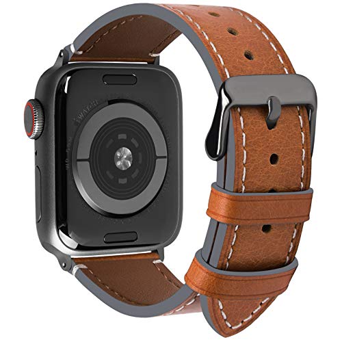 Fullmosa Correa Apple Watch Series SE 6/5/4/3/2/1, 4 Colores, Vintage Pulsera de Cuero Reemplazo de Apple Watch para Mujeres Hombres, Marrón Claro + Hebilla Gris Ahumado, 42mm/44mm