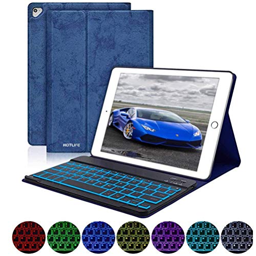 Funda con Teclado iPad 9.7, Funda iPad 2018 con Teclado de 7 Colores Retroiluminado(Incluye Letra Ñ) para iPad 2018/iPad 2017/iPad Pro 9.7/iPad Air 2/1-Teclado Español Bluetooth Inalámbrico(azul)