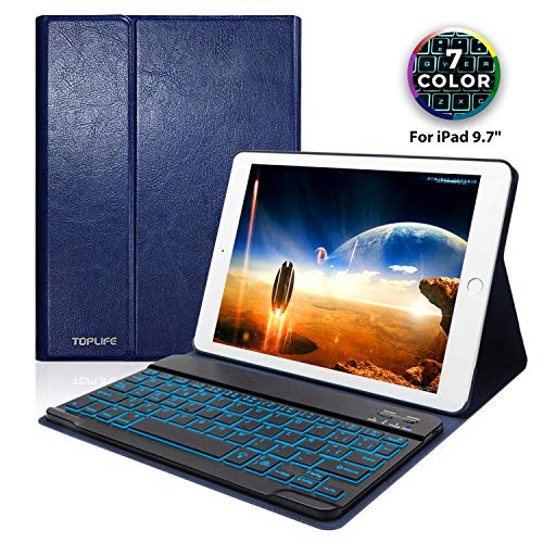 Funda con Teclado iPad 9.7, Funda iPad con Teclado Español (Incluye Ñ) Bluetooth con Retroiluminado de 7 Colores para iPad 2018/iPad 2017/iPad Pro 9.7/iPad Air 2/1-Funda con Magnético (Azul oscuro)