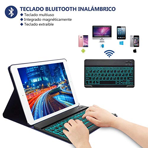 Funda con Teclado iPad 9.7, Funda iPad con Teclado Español (Incluye Ñ) Bluetooth con Retroiluminado de 7 Colores para iPad 2018/iPad 2017/iPad Pro 9.7/iPad Air 2/1-Funda con Magnético (Azul oscuro)