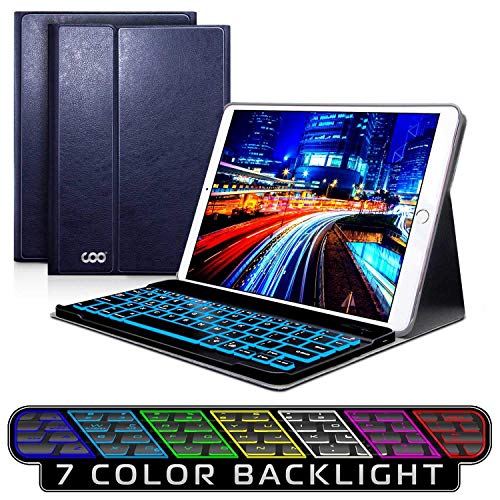 Funda con Teclado iPad 9.7, Funda iPad con Teclado Español (Incluye Ñ) Bluetooth con Retroiluminado de 7 Colores para iPad 2018/iPad 2017/iPad Pro 9.7/iPad Air 2/1-Funda con Magnético (Azul oscuro)