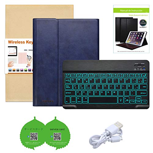 Funda con Teclado iPad 9.7, Funda iPad con Teclado Español (Incluye Ñ) Bluetooth con Retroiluminado de 7 Colores para iPad 2018/iPad 2017/iPad Pro 9.7/iPad Air 2/1-Funda con Magnético (Azul oscuro)
