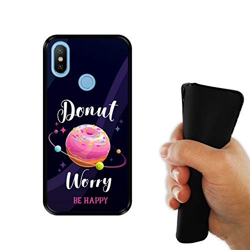 Funda Negra para [ Xiaomi Mi A2 - Mi 6X ] diseño [ Buñuelo Divertido - Donut Worry, be Happy ] Carcasa Silicona Flexible TPU
