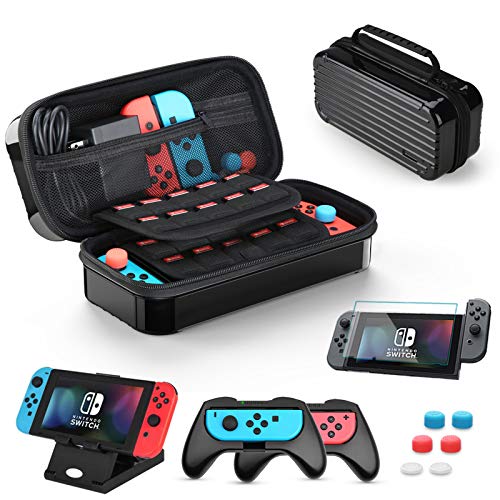 Funda para Nintendo Switch, HEYSTOP 11 en 1 Nintendo Switch Estuche portátil Incluye 2 Joy-Con Grips para Nintendo Switch, PlayStand ajustable, Protector de Pantalla con 6 Tapas de Agarre para Pulgar