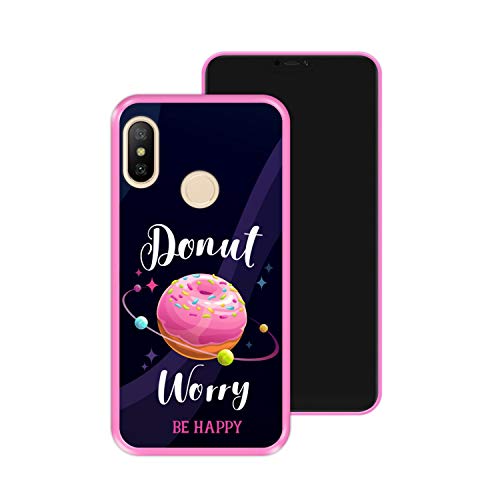 Funda Rosa para [ Xiaomi Mi A2 Lite - Redmi 6 Pro ] diseño [ Buñuelo Divertido - Donut Worry, be Happy ] Carcasa Silicona Flexible TPU