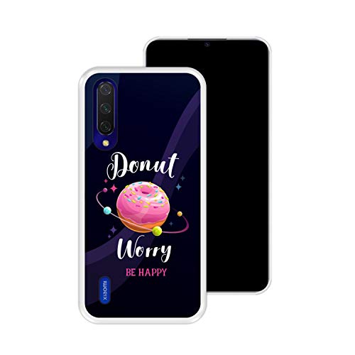 Funda Transparente para [ Xiaomi Mi 9 Lite ] diseño [ Buñuelo Divertido - Donut Worry, be Happy ] Carcasa Silicona Flexible TPU