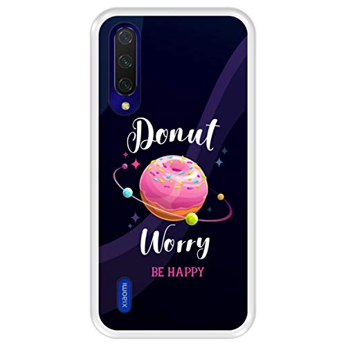 Funda Transparente para [ Xiaomi Mi 9 Lite ] diseño [ Buñuelo Divertido - Donut Worry, be Happy ] Carcasa Silicona Flexible TPU