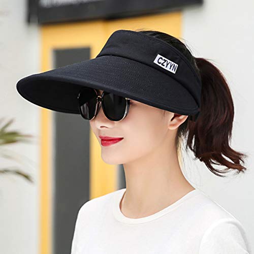 Funhoo Señoras Sombrero para el Sol Mujeres de ala Grande Visera Protectora Empaquetable de Viaje de Verano Pliegue Enrollable Gorra de Playa solares Ajustables con Diadema (Negro)
