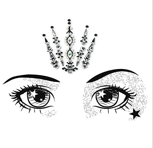 FunkOn® Silver Face Gems/Jewels for Festivals/All In one Stick on Headpiece/Festival Bindi Rhinestone Tattoo/Forehead Jewellery/Glitter Face/Body Makeup -FAIRY QUEEN BC10silv