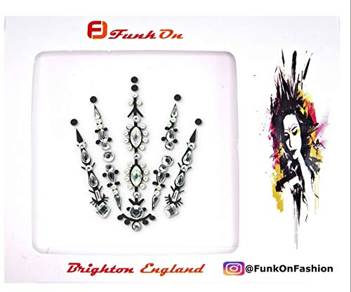 FunkOn® Silver Face Gems/Jewels for Festivals/All In one Stick on Headpiece/Festival Bindi Rhinestone Tattoo/Forehead Jewellery/Glitter Face/Body Makeup -FAIRY QUEEN BC10silv