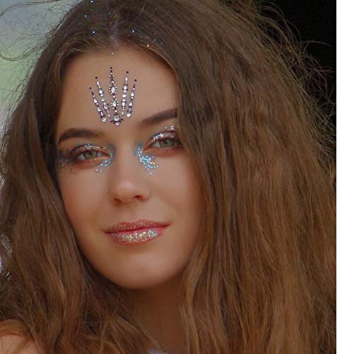FunkOn® Silver Face Gems/Jewels for Festivals/All In one Stick on Headpiece/Festival Bindi Rhinestone Tattoo/Forehead Jewellery/Glitter Face/Body Makeup -FAIRY QUEEN BC10silv