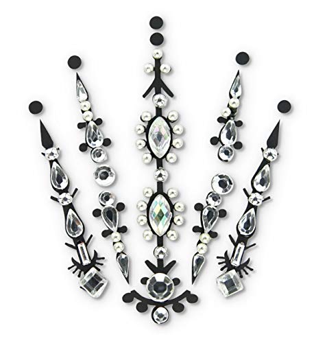 FunkOn® Silver Face Gems/Jewels for Festivals/All In one Stick on Headpiece/Festival Bindi Rhinestone Tattoo/Forehead Jewellery/Glitter Face/Body Makeup -FAIRY QUEEN BC10silv
