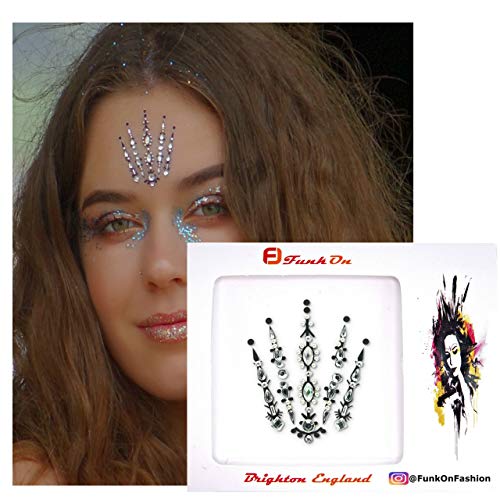 FunkOn® Silver Face Gems/Jewels for Festivals/All In one Stick on Headpiece/Festival Bindi Rhinestone Tattoo/Forehead Jewellery/Glitter Face/Body Makeup -FAIRY QUEEN BC10silv