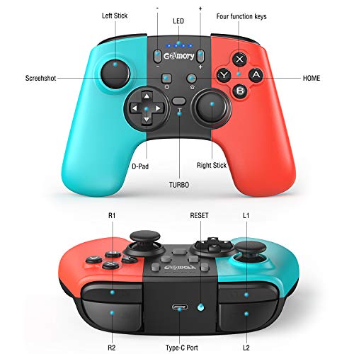 Gamory Mando para Nintendo Switch,Mando Pro Controller Mando pc Inalambrico,Bluetooth Inalámbricos pro Nintendo Switch Gamepad controlador con Turbo Dual Shock Gyro Axi ajustable