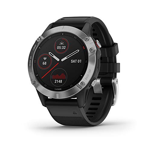 Garmin fēnix 6 - Reloj GPS multideporte definitivo con sensores, VO2 Max, frecuencia cardíaca, carga de entrenamiento, Plateado con correa negra