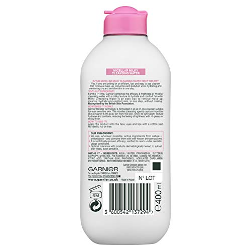 Garnier Micelar Lechosa Agua Limpiadora Piel Seca y Sensible, Hidratante Cara y Ojos Removedor de Maquillaje y Limpiador 400 ml