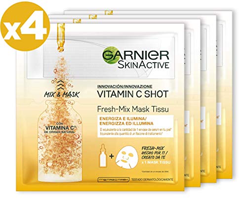 Garnier Skin Active Fresh-Mix Mascarilla de Tejido con Vitamina C, Energiza e Ilumina, para Pieles Deshidratadas - 4 unidades