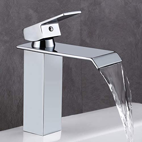 GAVAER Grifo de Lavabo, Alta Calidad Grifo Cascada Monomando, Válvula de Cerámica, Control de Agua Fría y Caliente, Acabado Cromado, Anticorrosión Anti-óxido.