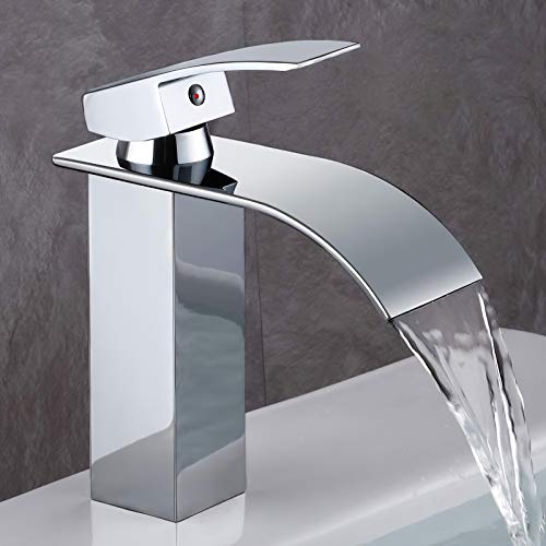 GAVAER Grifo de Lavabo Baño, Grifo Lavabo Monomando lavabo Cascada, Válvula De Cerámica, Agua Fria y Caliente Disponible, Cromo de latón - plateada Estilo de Moderno.