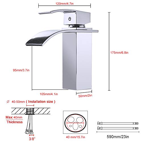 GAVAER Grifo de Lavabo Baño, Grifo Lavabo Monomando lavabo Cascada, Válvula De Cerámica, Agua Fria y Caliente Disponible, Cromo de latón - plateada Estilo de Moderno.