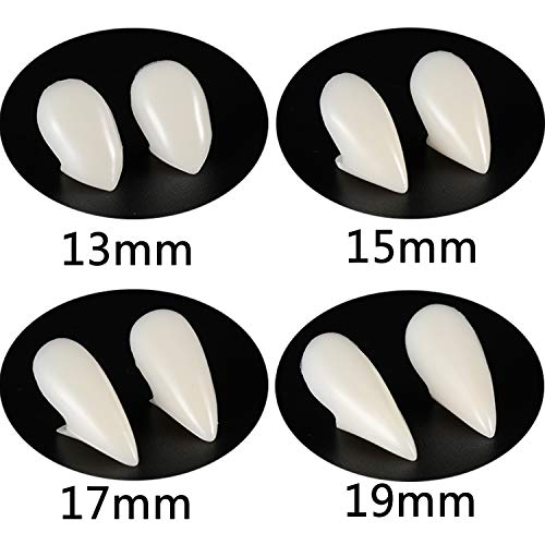 Gejoy 8 Pares de Dientes de Vampiro Colmillos Dentaduras Postizas de Halloween Cosplay con Dientes Adhesivos de Pellets para Disfraces de Halloween Favores de Fiesta (13 mm, 15 mm, 17 mm, 19 mm)