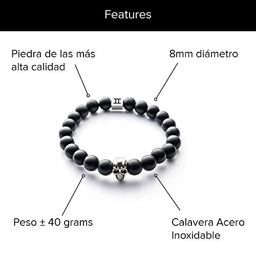 Gemini Pulsera De Hombre Pieza De Calaveras Hecho De Bolas De Piedra Preciosa Negra De Volcanica