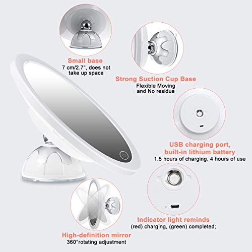 GEMITTO Espejo Maquillaje con Luz LED 5X + 10X de Aumento Espejo Cosmético Luminoso con Ventosa Fuerte 360° de Rotación, Blanco Espejo de Pared Iluminado para Afeitado de Baño y Viajes Blanco