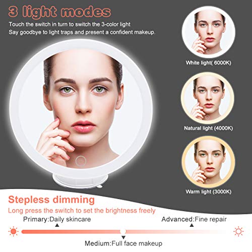 GEMITTO Espejo Maquillaje con Luz LED 5X + 10X de Aumento Espejo Cosmético Luminoso con Ventosa Fuerte 360° de Rotación, Blanco Espejo de Pared Iluminado para Afeitado de Baño y Viajes Blanco