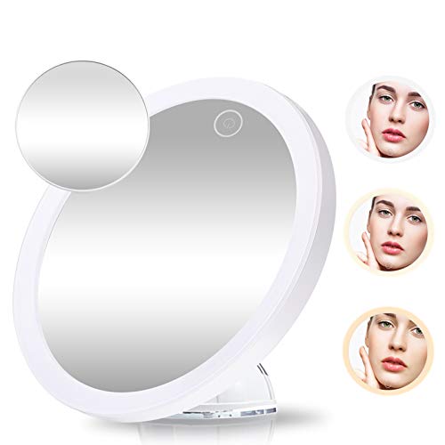 GEMITTO Espejo Maquillaje con Luz LED 5X + 10X de Aumento Espejo Cosmético Luminoso con Ventosa Fuerte 360° de Rotación, Blanco Espejo de Pared Iluminado para Afeitado de Baño y Viajes Blanco