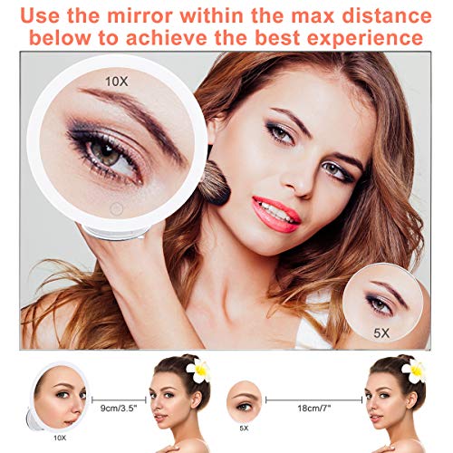 GEMITTO Espejo Maquillaje con Luz LED 5X + 10X de Aumento Espejo Cosmético Luminoso con Ventosa Fuerte 360° de Rotación, Blanco Espejo de Pared Iluminado para Afeitado de Baño y Viajes Blanco