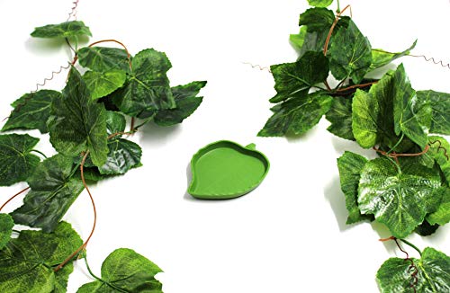 GenRev 2,3 Metros (7,5 pie) Planta Trepadora para Terrario de Reptiles con Ventosas para Jaulas de Dragón Barbudo, Gecko, Lagarto o Serpiente-Incluye Plato Alimentador para Agua