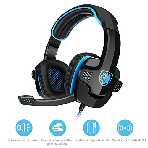 GHB Sades Auriculares Gaming Cascos con Microfono SA-901 Sonido Envolvente 7.1 con USB para PC Ordenador Portátil Azul y Negro