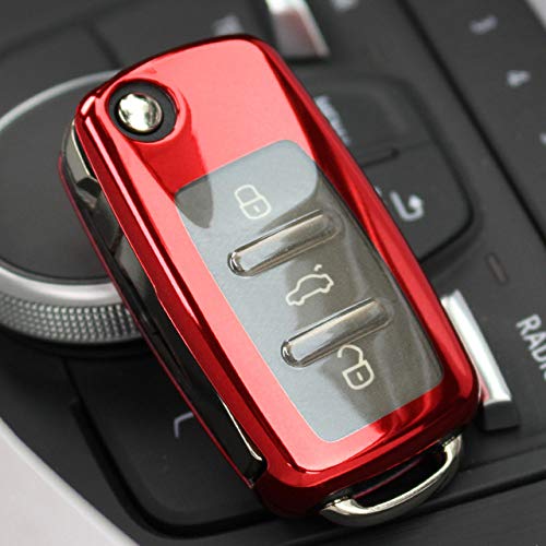 GHKUFH Carcasa Llave Coche Kye Case para VW Volkswagen Tiguan Passat Polo Skoda ABS Car Key Shell Case Cover Holder con Llavero Key Ring Chain   Keychain, Red