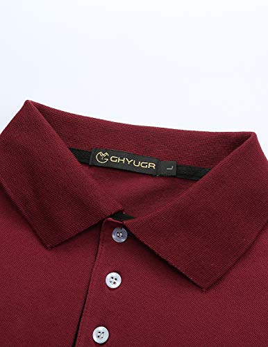 GHYUGR Polo Manga Larga Hombre Algodón Negocios Elegante Bordado de Ciervo Golf Tennis Otoño Invierno Poloshirt Camisas,Rojo Vino,XL