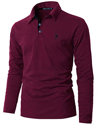 GHYUGR Polo Manga Larga Hombre Algodón Negocios Elegante Bordado de Ciervo Golf Tennis Otoño Invierno Poloshirt Camisas,Rojo Vino,XL