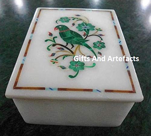 Gifts And Artefacts Caja de Joyas de mármol con Incrustaciones de Piedras semipreciosas de malaquita, diseño de Loro, se Puede Regalar en Cualquier ocasión para tu Madre, 4 Pulgadas x 3 Pulgadas
