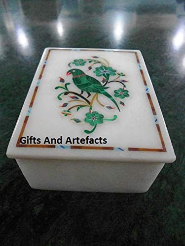 Gifts And Artefacts Caja de Joyas de mármol con Incrustaciones de Piedras semipreciosas de malaquita, diseño de Loro, se Puede Regalar en Cualquier ocasión para tu Madre, 4 Pulgadas x 3 Pulgadas