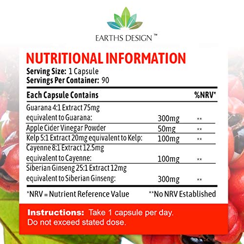 Ginseng Siberiano & Guaraná - 850mg – Alta Concentración para Aumentar la Energía – Extracto 25:1 de Ginseng 300mg | Extracto 4:1 Guaraná 300mg – Para Hombres y Mujeres - 90 Cápsulas de Earths Design