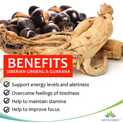 Ginseng Siberiano & Guaraná - 850mg – Alta Concentración para Aumentar la Energía – Extracto 25:1 de Ginseng 300mg | Extracto 4:1 Guaraná 300mg – Para Hombres y Mujeres - 90 Cápsulas de Earths Design