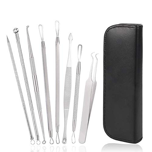 Girls'love talk Herramienta Extractora de Espinillas,Removedor de espinillas,8Pcs Extractor de Comedones para Limpieza de Nariz y Cara con Bolsa de Cremallera