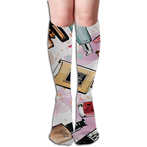 Girly Cosmetic And Make Up Theme Pattern With Perfume And Lipstick Nail Polish Brush Modern City Tube Knee High Socks 50Cm Unisex Over-The-Calf Tube Sports Socks Extra Long Compression Stocking