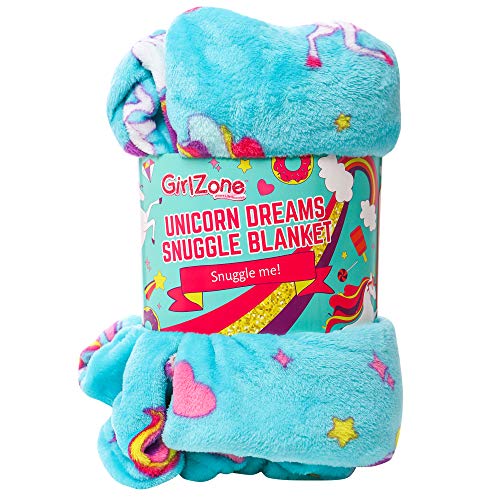 GirlZone Regalos para Niñas - Manta Polar de Unicornio para Niña - Manta de Felpa de Forro Polar Azul Claro - Manta Decorativa Cama , Siestas - Viajes de Coche Plaid Colores Infantil
