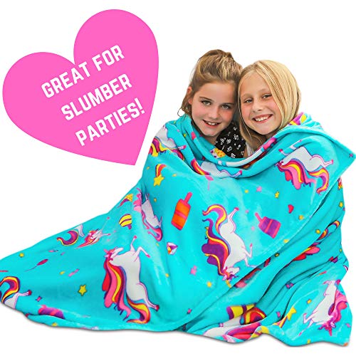 GirlZone Regalos para Niñas - Manta Polar de Unicornio para Niña - Manta de Felpa de Forro Polar Azul Claro - Manta Decorativa Cama , Siestas - Viajes de Coche Plaid Colores Infantil