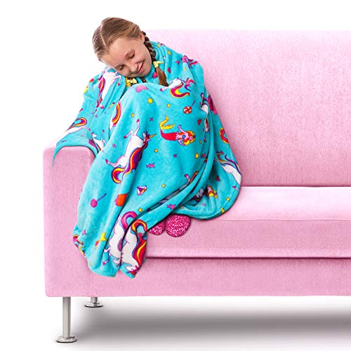 GirlZone Regalos para Niñas - Manta Polar de Unicornio para Niña - Manta de Felpa de Forro Polar Azul Claro - Manta Decorativa Cama , Siestas - Viajes de Coche Plaid Colores Infantil