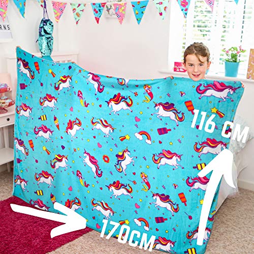 GirlZone Regalos para Niñas - Manta Polar de Unicornio para Niña - Manta de Felpa de Forro Polar Azul Claro - Manta Decorativa Cama , Siestas - Viajes de Coche Plaid Colores Infantil