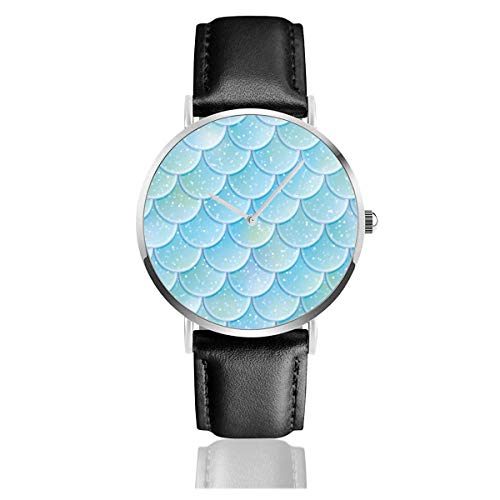 Glitter Fish Scales Patrón sin Costuras Cola de Sirena Reloj Casual Relojes con Correa de Cuero